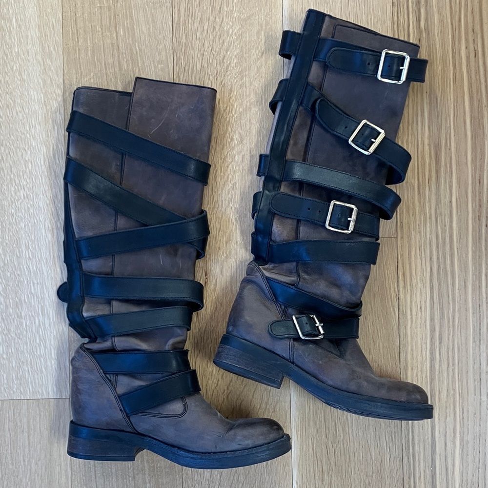 Strappy Leather Black and Brown Women's Boots - Sz 6.5